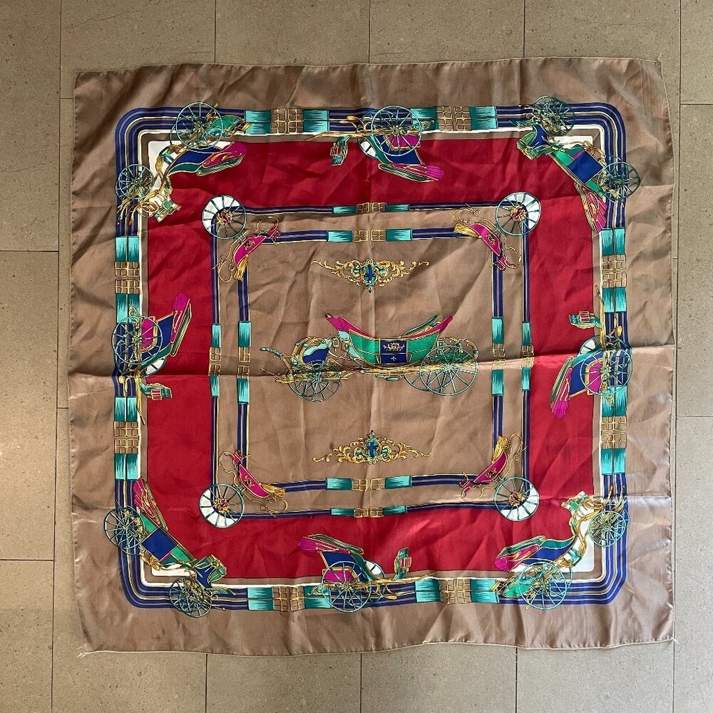 Vintage Scarf Horse Carriage Theme with rich Colours Tan/Red/Green